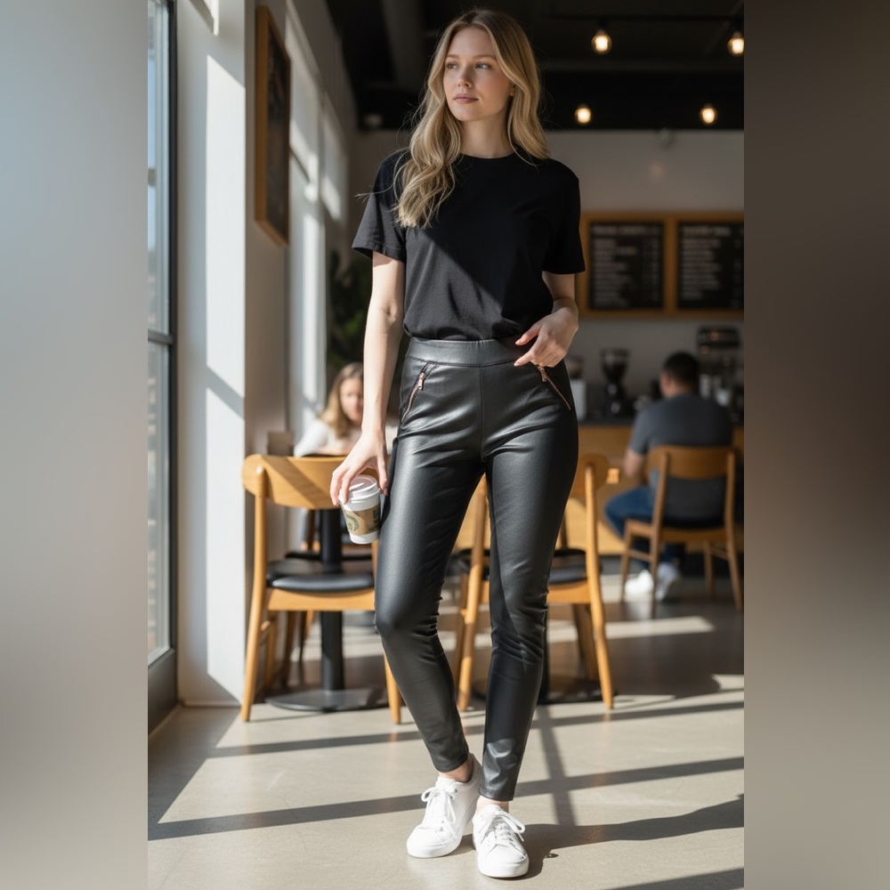 (CI SONO) Black Faux Leather Joggers with Zipper Accents